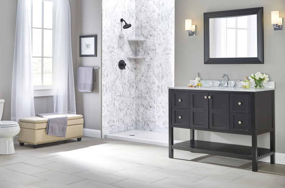 luxury bathroom remodel with walk-in shower and modern vanity