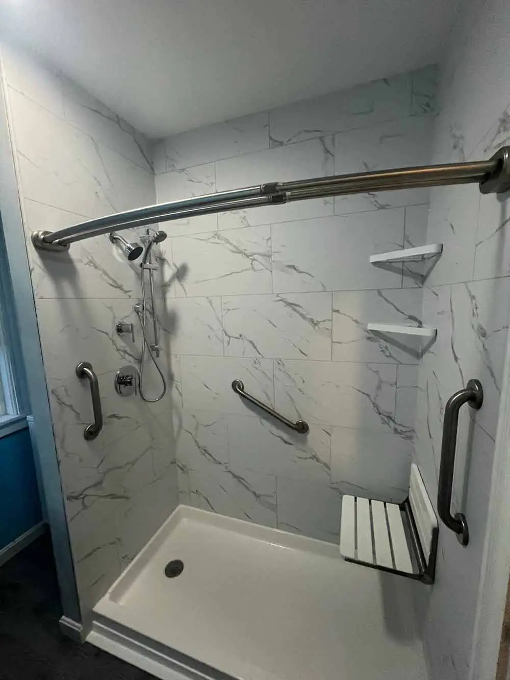 Accessible shower designed for comfort and ease of use, featuring modern amenities.